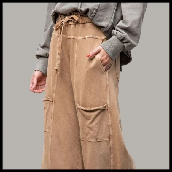 EASEL "Perfect Cargo" Terry Knit Mineral Washed Flared Leg Pants Raw Hem & Seams - Picture 4 of 15